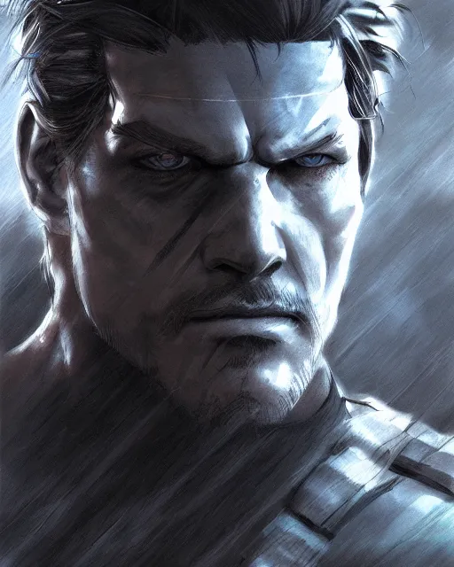 Prompt: solid snake portrait, backlit face, tired expression close - up, 4 k detailed digital photoshop painting, best of artstation hdr, official artwork hdr