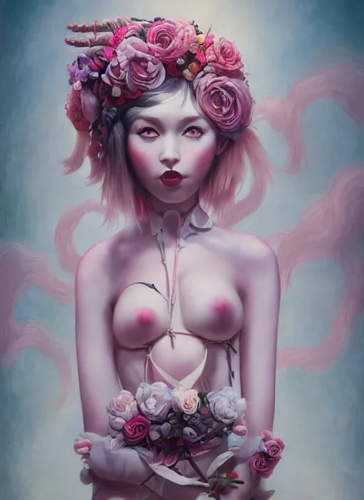 Image similar to pop surrealism, lowbrow art, realistic seductive cute woman painting, pink body harness, long hair, japanese shibari with flowers, hyper realism, muted colours, rococo, natalie shau, loreta lux, tom bagshaw, mark ryden, trevor brown style,
