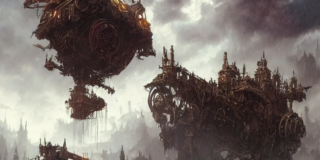 Prompt: ultra realistic illustration,, gothic steampunk airship flying in a storm from doom and warhammer, intricate, elegant, highly detailed, digital painting, artstation, concept art, smooth, sharp focus, illustration, art by artgerm and greg rutkowski and alphonse mucha
