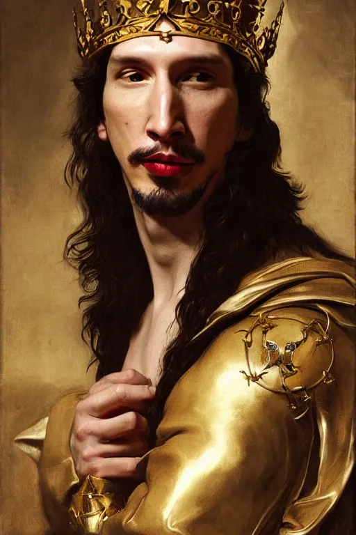 Prompt: Gorgeous full-body renaissance portrait of Adam Driver as a king of fantasy kingdom with Crown of thorns on his head, front view, gold, artstation, very beautiful, luxurious, impressive, soft light, dazzling, divine, by Anthony van Dyck and Daniel Gerhartz