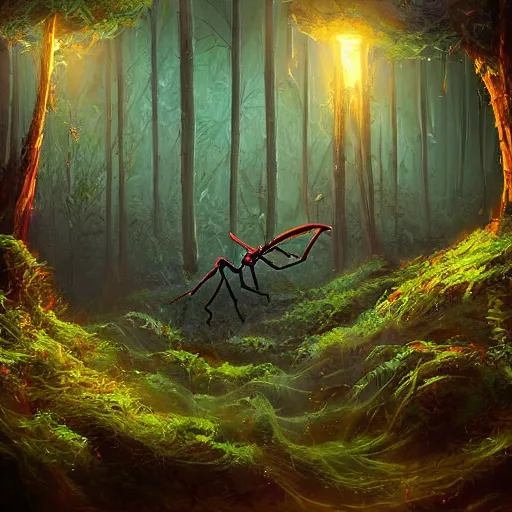 Prompt: giant ant in futuristic spiritual mystical post apocalyptic forest by ron gilbert, dim painterly volumetric aquatic lighting, beautiful, crisp, artstation, highly detailed