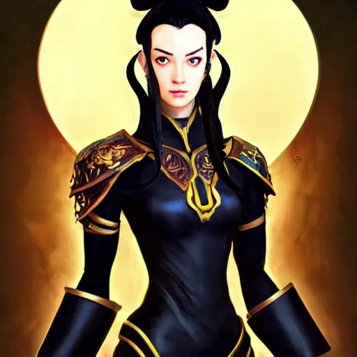 Prompt: Portrait of Azula wearing skintight black leather armor, Avatar the Last Airbender, Dungeons and Dragons, Lord of the Rings, intricate, elegant, highly detailed, digital painting, artstation, concept art, smooth, sharp focus, illustration, art by artgerm and greg rutkowski and alphonse mucha and andrei riabovitchev