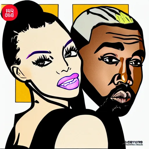 Image similar to julia fox and kanye west at dinner in the style of roy lichtenstein