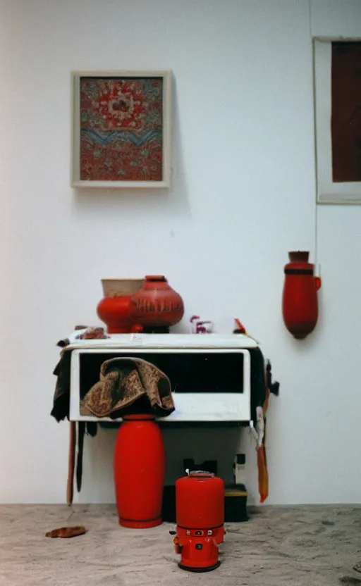 Image similar to a bright color photography of an ethnographic object in a white room, leica m 6