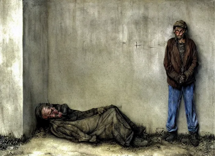 Image similar to shabby but smart faced homeless man in a dirt floored cell chained to a wall, talking questioningly, painting by andrew wyeth and alan lee, very detailed, somber mood,