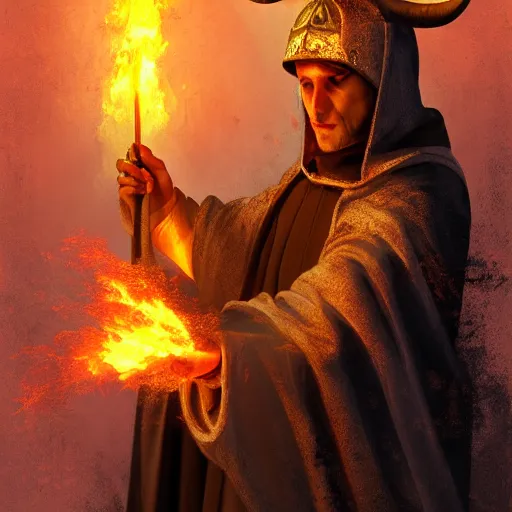 Prompt: ram horned catholic monk brings fire down from the sky, medieval style, trending on artstation, highly detailed, digital painting, volumetric light, concept art, sharp focus, illustration