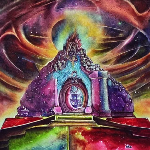 Image similar to grand dream cosmic temple where a man's soul goes to choose his next life, thick atmosphere, souls sprouting from the ground ,watercolor, epic shot