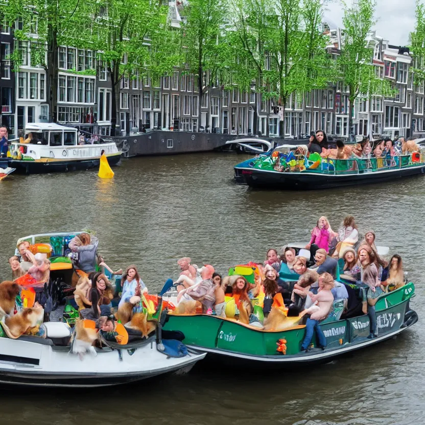 Image similar to hamsters riding boats in Amsterdam with tropical drink