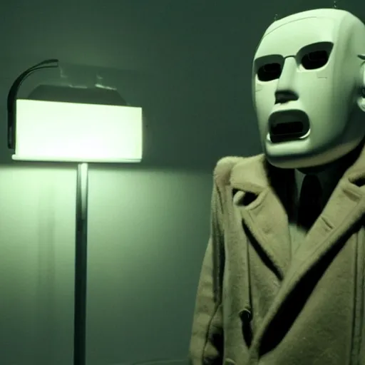 Image similar to movie scene of a man with a robot head, movie still, acting, cinematic composition, cinematic lighting, Movie by David Lynch and Andrzej Żuławski