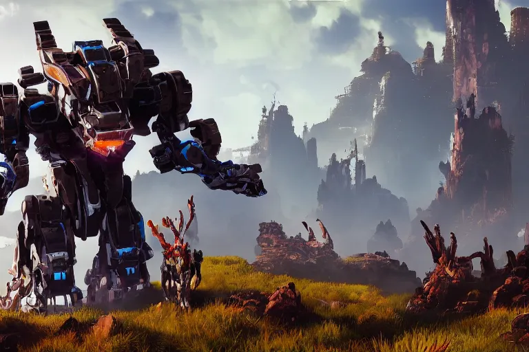 Image similar to scrapper machine mecha animal beast robot of horizon forbidden west horizon zero dawn bioluminiscence global illumination ray tracing hdr fanart arstation by sung choi and eric pfeiffer and gabriel garza and casper konefal