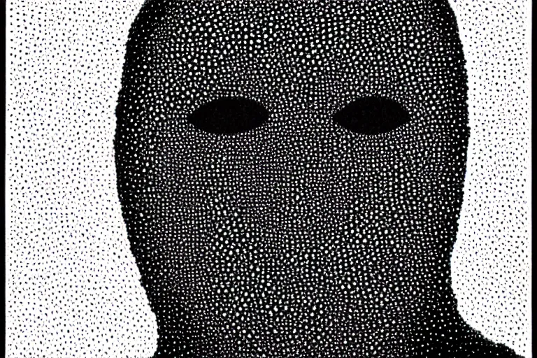 Prompt: face made out of evil, faceless people dark, dots, drip, stipple, pointillism, technical, abstract, minimal, style of francis bacon, asymmetry, pulled apart, cloak, hooded figure, made of dots, abstract, balaclava, colored dots