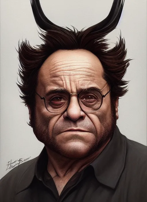 Image similar to danny devito as wolverine, realistic portrait, symmetrical, highly detailed, digital painting, artstation, concept art, smooth, sharp focus, illustration, cinematic lighting, art by artgerm and greg rutkowski and alphonse mucha