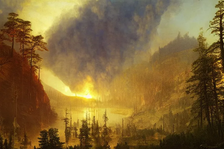 Image similar to the old world will burn in the fires of industry. forests will fall. a new order will rise. matte painting, highly detailed, cinematic lighting, by albert bierstadt, frederic edwin church