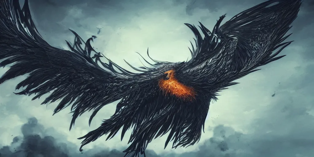 Image similar to artwork of a phoenix, highly detailed, artstation, night black sky background, smooth illustration, digital art, unreal engine, ultra realistic, fine art, concept art