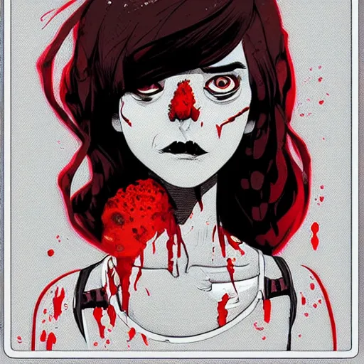 Prompt: Highly detailed portrait of pretty punk zombie young lady with, freckles and beautiful hair by Atey Ghailan, by Loish, by Bryan Lee O'Malley, by Cliff Chiang, inspired by image comics, inspired by graphic novel cover art, inspired by izombie, inspired by scott pilgrim !! Gradient red, black and white color scheme ((grafitti tag brick wall background)), trending on artstation