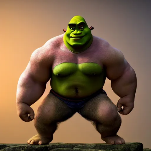 Image similar to muscular shrek with short brown curly hair with bangs and a chiseled jawline as he pridefully flexes his muscles intensely, realistic hyperrealistic 4 k resolution 8 k resolution highly detailed very detailed extremely detailed hd quality detailed face very detailed face extremely detailed face trending on artstation