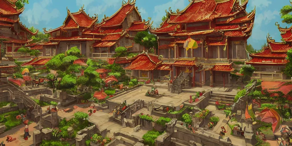 Prompt: vietnamese temple scene, 2 d side - scroller game art background, sharp, detailed, intricate, game level design, cinematic lighting, trending on artstation, in style of vinodh sivaraja and lam manh