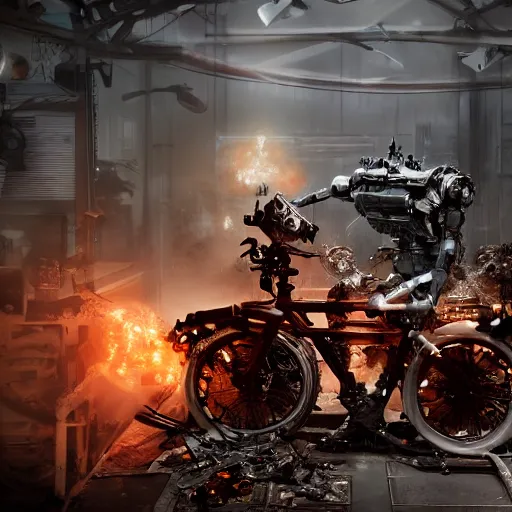 Image similar to bicycle mecha, dark messy smoke - filled cluttered workshop, dark, dramatic lighting, orange tint, sparks, cinematic, highly detailed, sci - fi, futuristic, movie still