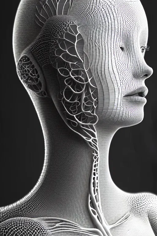 Prompt: intricate hyper detailed ultra sharp 3 d render of a beautiful porcelain biomechanical woman profile portrait, large pore fungi embroidered, rays of shimmering light, cyberpunk art nouveau, haute couture alexander mcqueen silver leaves stems dahlia transparent fractal dandelion yellow pistil filigree roots, octane render, volumetric cinematic lighting, 8 k post - production