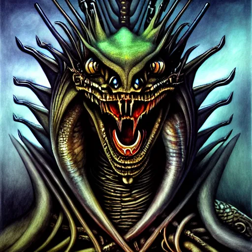 Image similar to Giger portrait of queen dragon, Dragon in dragon lair, HD, full body dragon concept, flying dragon, soft shading, soft colors, relaxed colors, hyperdetailed, wide angle lens, fantasy, futuristic horror, style of giger