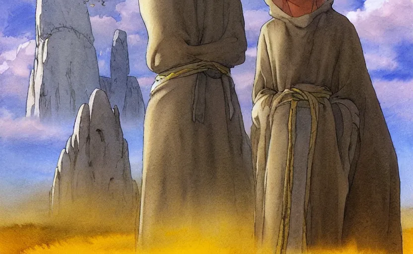 Image similar to a hyperrealist anime watercolor fantasy concept art of a giant alien with a grey robe and a small grey alien with a yellow robe in stonehenge on a misty night. several big stones are floating in the air. by rebecca guay, michael kaluta, charles vess