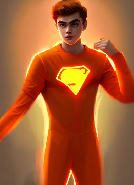 Image similar to teenage archie andrews wearing an orange superhero costume, intricate, elegant, glowing lights, highly detailed, digital painting, artstation, sharp focus, illustration, art by wlop, mars ravelo and greg rutkowski