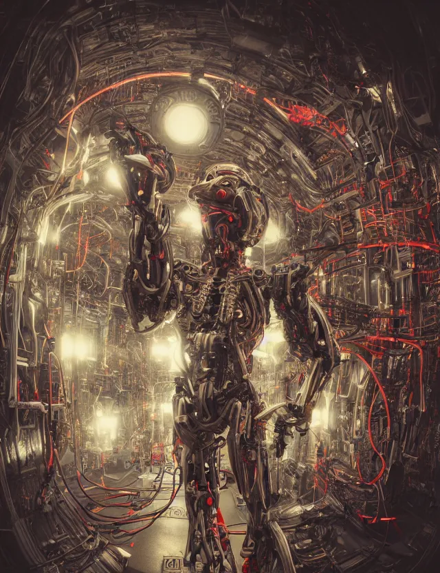 Image similar to cyborg in the data center, wired to the equipmen, red biomechanical details, wearing epic bionic cyborg implants, inflateble shapes, masterpiece, intricate, biopunk, highly detailed, artstation, concept art, cottage core, cinematic focus, polaroid photo, bleached, vintage, high - key lighting, soft lights, foggy, by tarkovsky, 8 k