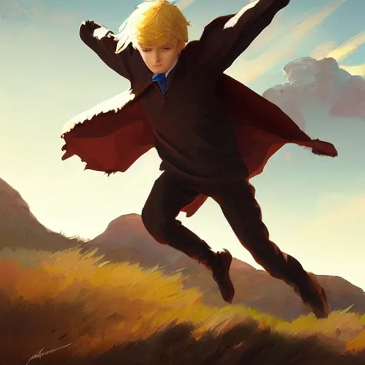Image similar to blonde boy with golden eyes wearing a brown cape and flying in t pose, energy background, brush strokes, greg rutkowski