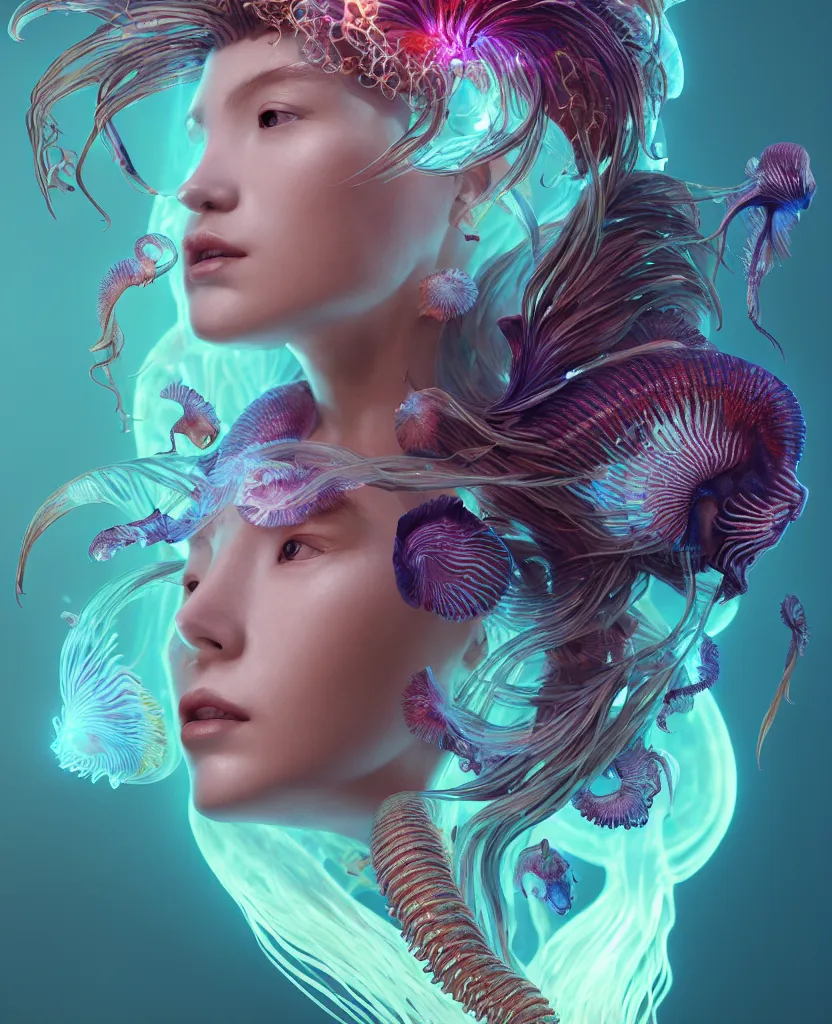 Image similar to goddess close-up portrait. chimera orchid jellyfish phoenix head, nautilus, skull, betta fish, bioluminiscent creatures, intricate artwork by Tooth Wu and wlop and beeple. octane render, trending on artstation, greg rutkowski very coherent symmetrical artwork. cinematic, hyper realism, high detail, octane render, 8k