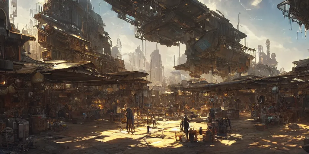 Image similar to screenshot of a marketplace in a honeycombed makeshift city, dappled light, colossal arcing metal megastructures high in the sky, beautiful, awe inspiring, fps, by james gurney, greg rutkowski, sparth, cinematography, cinematic masterpiece