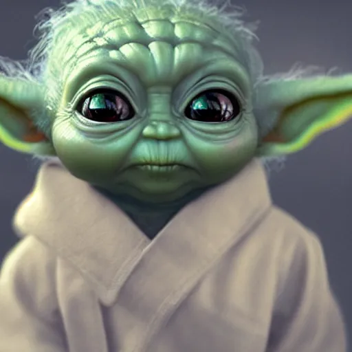 Image similar to photo realistic image of a baby yoda, stunning 3 d render inspired art by istvan sandorfi and greg rutkowski, perfect facial symmetry, realistic, highly detailed attributes and atmosphere, dim volumetric cinematic lighting,