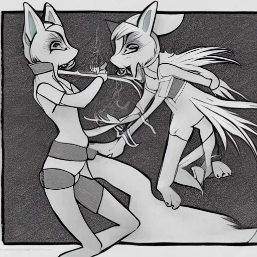 Image similar to a scene of two women with fox ears fighting over a piece of raw meat, detailed anime art