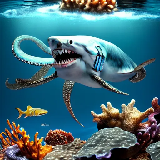 Image similar to an amazing underwater shot of a blue spotted octopus selling snail shells to a shark, trending on artstation cgsociety, award winner, highly detailed, cinematic.