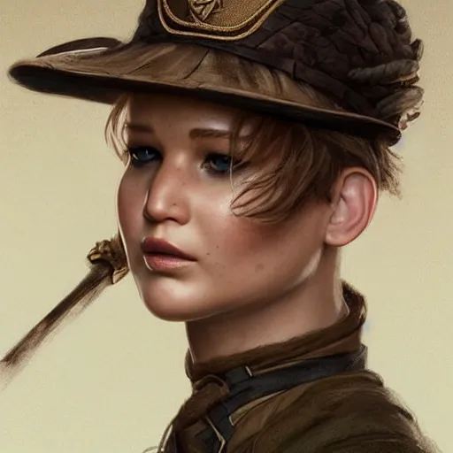 Prompt: portrait of jennifer lawrence as a ranger, looking at camera, d & d, choker on neck, intricate, elegant, stylish, fierce look, fantasy, extremely detailed, digital painting, artstation, concept art, smooth, sharp focus, illustration, stunning lighting, art by artgerm and greg rutkowski and alphonse mucha and simon stalenhag.