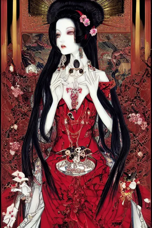 Image similar to a thoth tarot card of an avant - garde japanese bjd geisha vampire queen in victorian red dress in the style of dark - fantasy lolita fashion painted by yoshitaka amano, takato yamamoto, james jean, dmt art, symmetrical vogue face portrait, intricate detail, artstation, cgsociety, artgerm, gold skulls, rococo