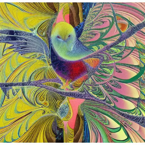 Image similar to tranquil by pegi nicol macleod fractal manifold, 1 9 8 0 s. a beautiful collage of a bird in its natural habitat. the bird is shown in great detail, with its colorful plumage & intricate patterns. the background is a simple but detailed landscape, with trees, bushes, & a river.