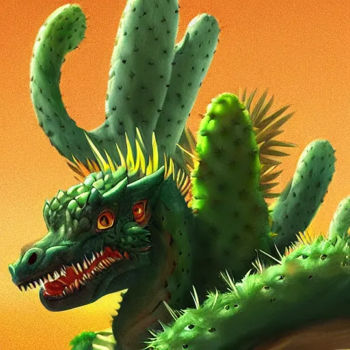 Prompt: A detailed digital painting of a realistic cactus dragon. Huge dragon. Trending on Artstation.