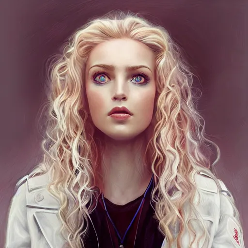 Prompt: portrait of a beautiful woman, white curly hair, wearing leather jacket, by mandy jurgens