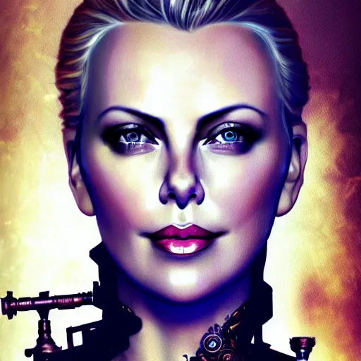 Prompt: beautiful Charlize Theron, perfect face and body, in detailed steampunk dress, smooth, sharp focus, illustration, realistic, cinematic, artstation, gold, ornate, award winning, original modern artwork, set on H. R. Giger aesthetic, rgb ethereal lighting,8k