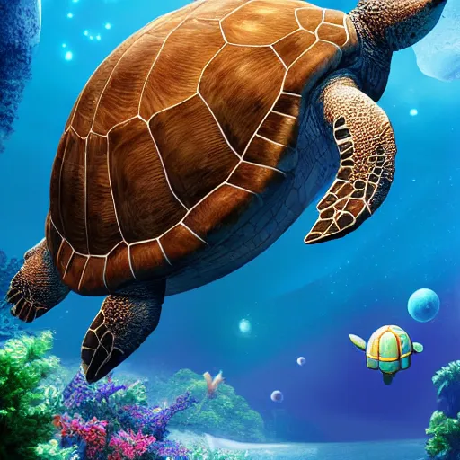 Image similar to giant turtle in space, giant turtle inside water, turtle glacier, 3 d render, high quality image, turtle world, waterbodies, soft, concept art, intricate details, highly detailed, colorful, photorealistic, disney pixar, octane render, iridescent, anime, 8 k