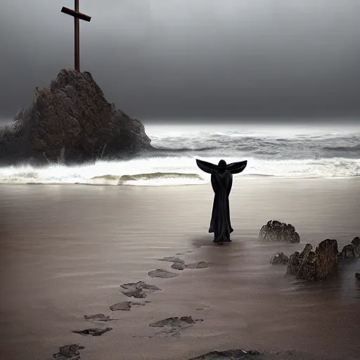 Image similar to a highly detailed matte painting of a large cross standing on the beach as a storm comes in with the tide, woman in a chair watching the ocean, epic fantasy, god rays, rocky beach, ultrawide lense, aerial photography, unreal engine, exquisite detail, 8 k, art by greg rutkowski and alphonse mucha