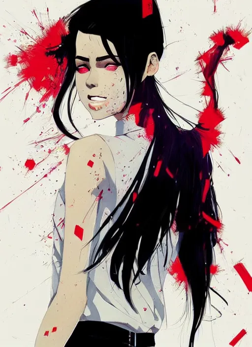 Image similar to a ultradetailed beautiful panting of a stylish woman wearing a shirt with a tie, she has black hair, dancing, by conrad roset, greg rutkowski and makoto shinkai, trending on artstation