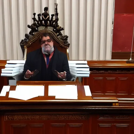 Prompt: satan in the spanish congress of deputies at the speaker's lectern