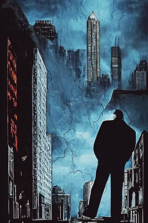 Image similar to an award - winning movie poster for a movie called senor featuring a junkie making a payphone call in a thunderstorm in queens at night in the 1 9 9 0 s with the new york city skyline in the distance