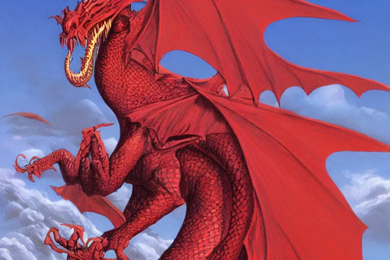 Image similar to red scaled dragon facing camera by larry elmore and vincent di fate