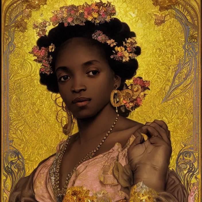 Image similar to highly detailed venetian rococo portrait of a black princess wearing a crown, golden jewels, pastel flowery background, volumetric lighting, realistic, symmetrical, digital illustration, art by alphonse mucha, kehinde wiley, artem demura