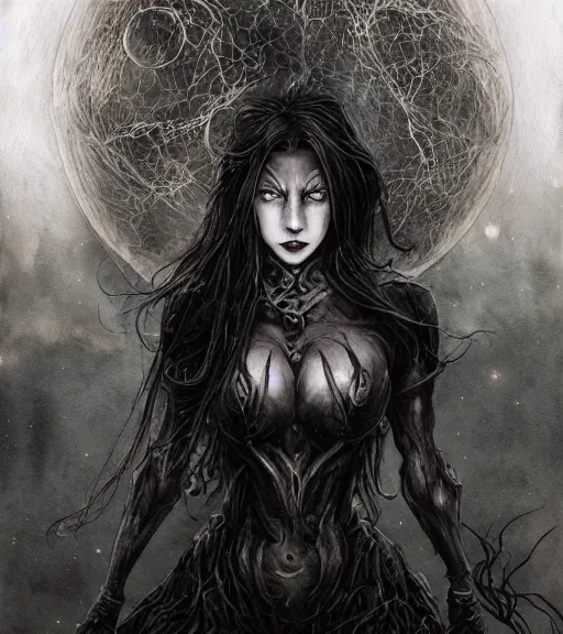 Image similar to book cover art, female dark witch in front of the full big moon, watercolor, dramatic lighting, cinematic, establishing shot, extremely high detail, foto realistic, cinematic lighting, pen and ink, intricate line drawings, by Yoshitaka Amano, Ruan Jia, Kentaro Miura, Artgerm, post processed, concept art, artstation, matte painting, style by eddie mendoza, raphael lacoste, alex ross