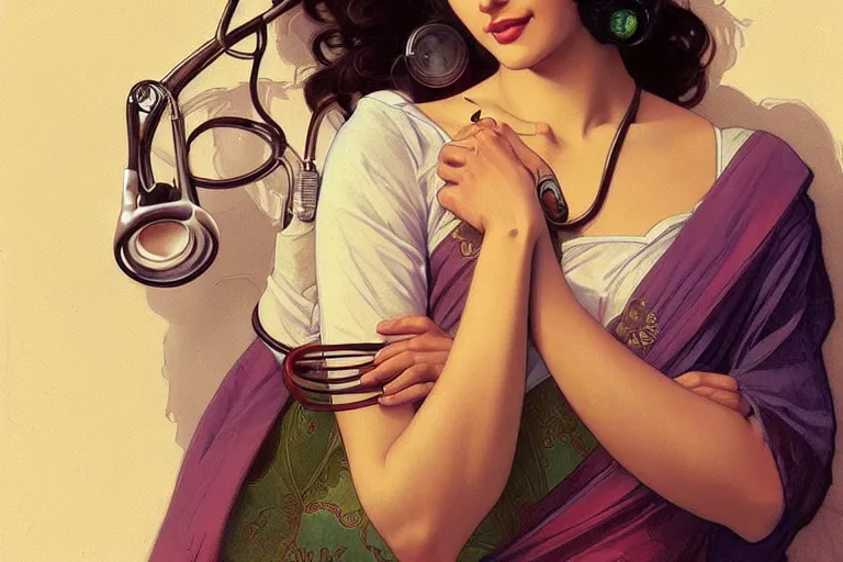 Image similar to sensual pale beautiful indian doctor in jeans with stethoscope, art deco portrait, elegant, intricate, digital painting, artstation, concept art, smooth, sharp focus, illustration, art by artgerm and greg rutkowski and alphonse mucha