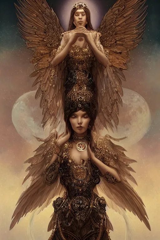 Image similar to A beautiful digital painting of a female Seraphim full of jewels, princess, the moon behind her, intricate, cinematic lighting, highly detailed, digital painting, Artstation, concept art, smooth, sharp focus, illustration, art by Tom Bagshaw, Artgerm and Greg Rutkowski