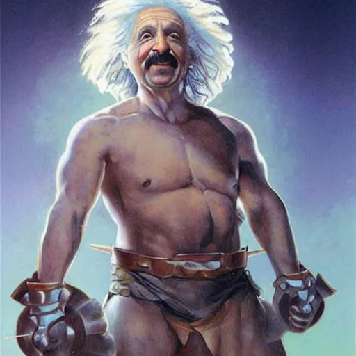 Prompt: Albert Einstein warrior portrait artwork by boris vallejo